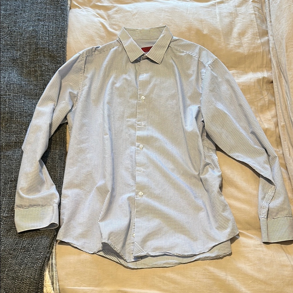 Alfani White and Blue Grid Pattern Button Down Shirt